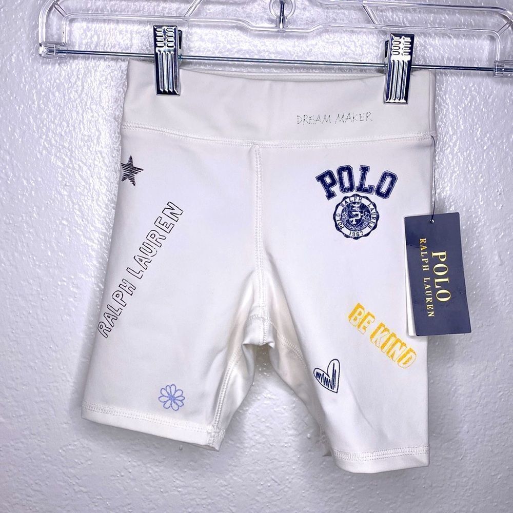 New Polo Ralph Lauren White Elastic Bike Shorts With Fun doodle motif & Logo 5